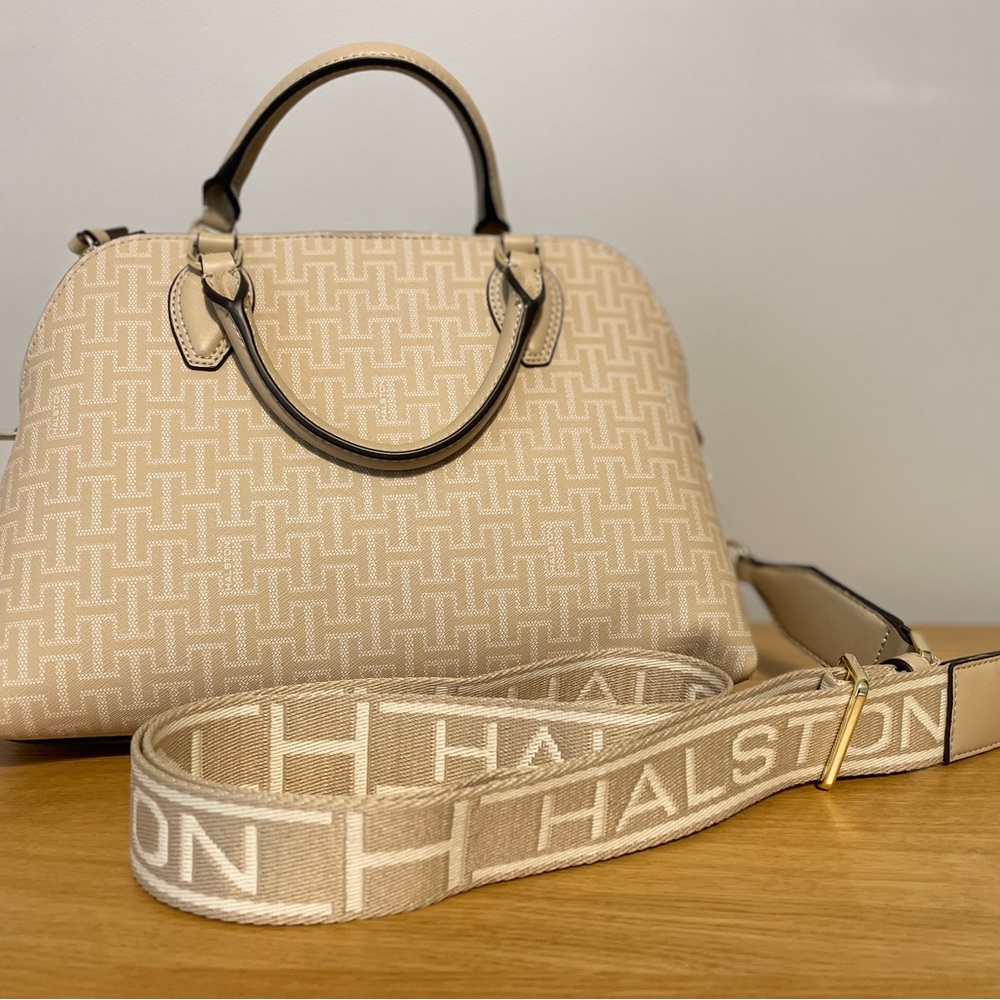 Halston Heritage Beige Cream Monogram Dome Satchel with Branded Strap